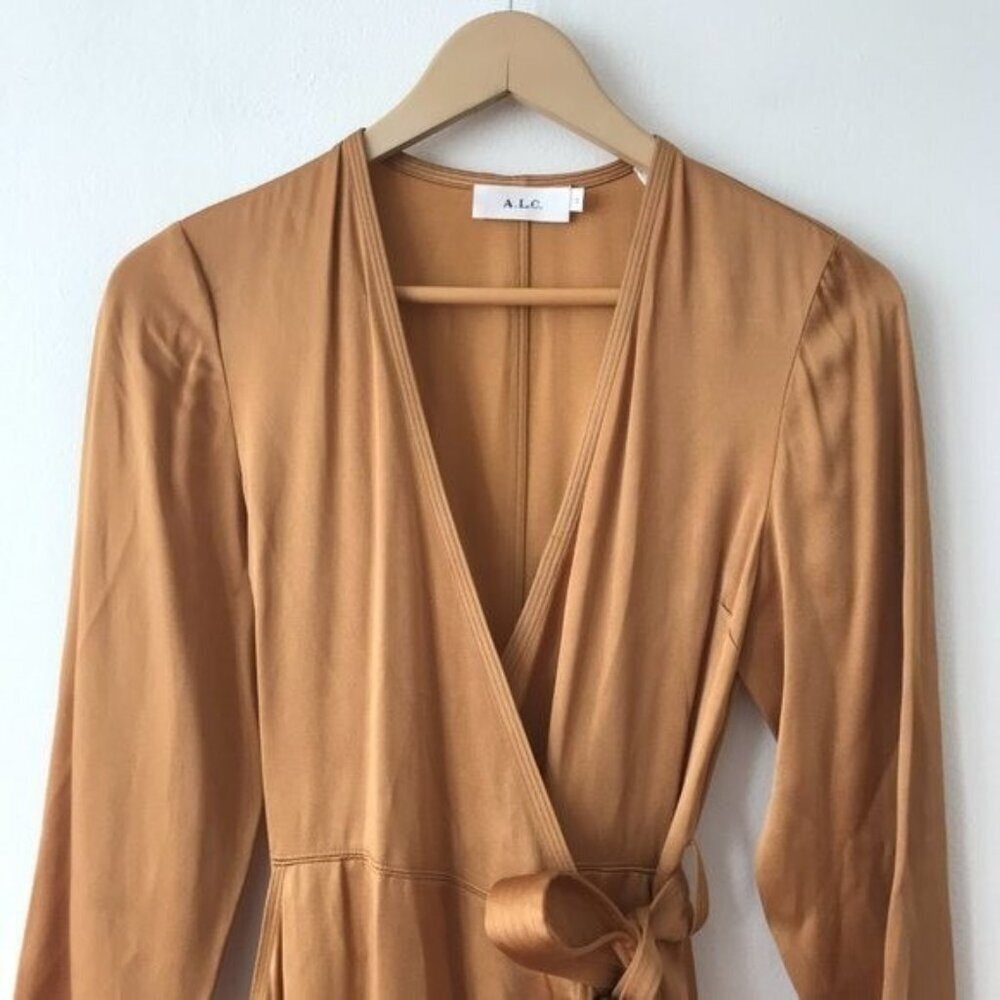 A.L.C. Whitney Satin Wrap Dress in Caramel View 6